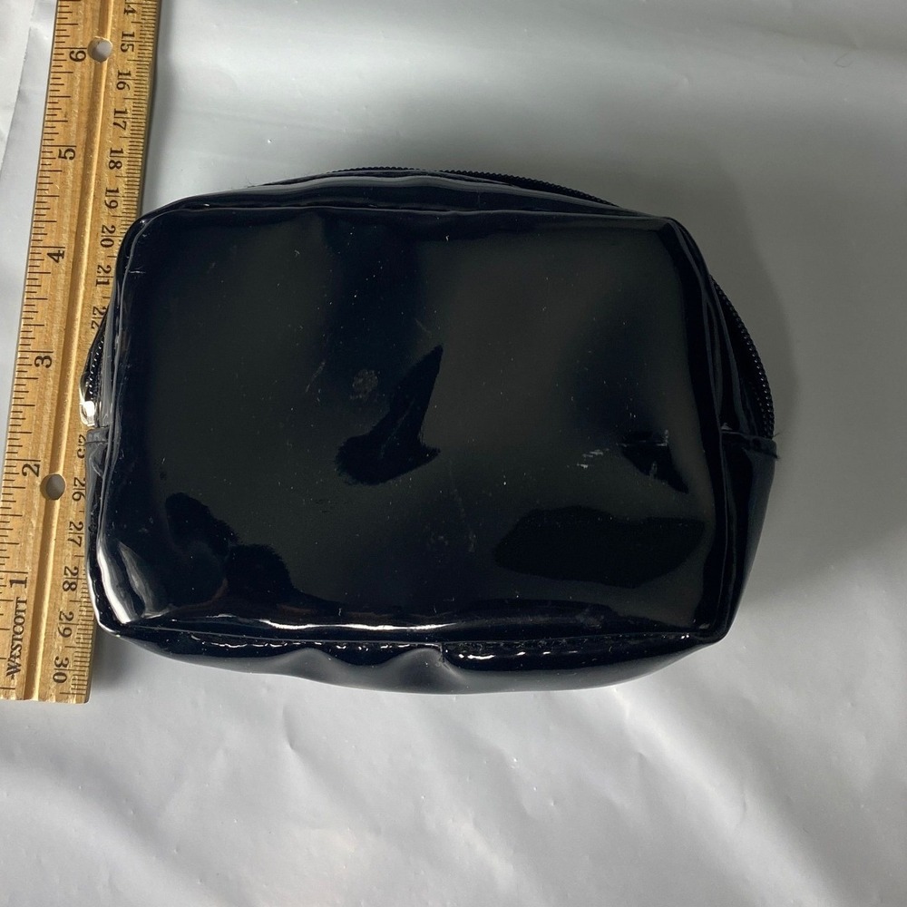 Black Patent Faux Leather Cosmetic Bag Small Glossy Travel Makeup Pouch Zipper